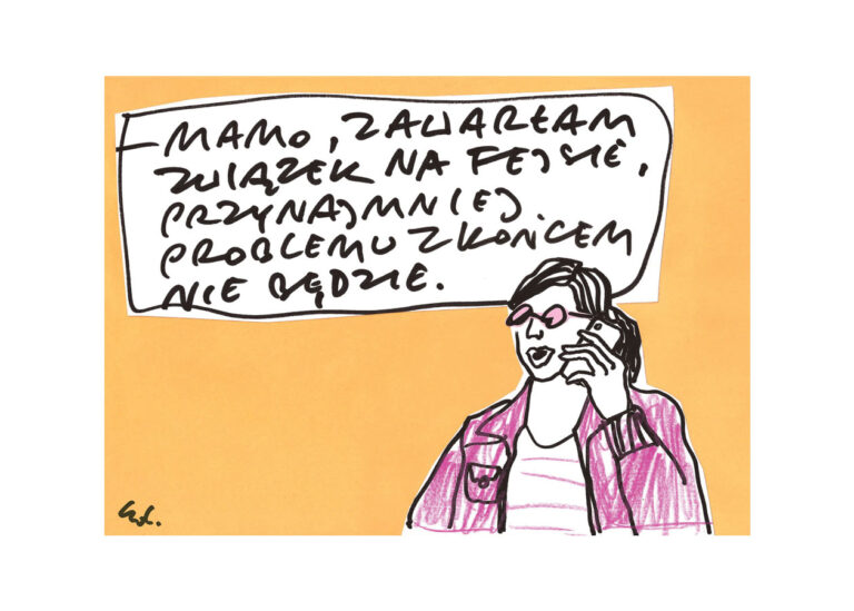 plakat Mamo, zawarłam związek na fb, przynajmniej będzie łatwiej go zakończyć